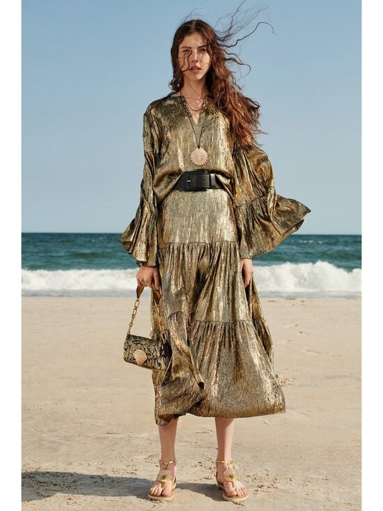 Michael Kors Collection Tops - Michael Kors Collection Resort 2019 Runway Bell-Sleeve Crushed-Lame Peasant Top